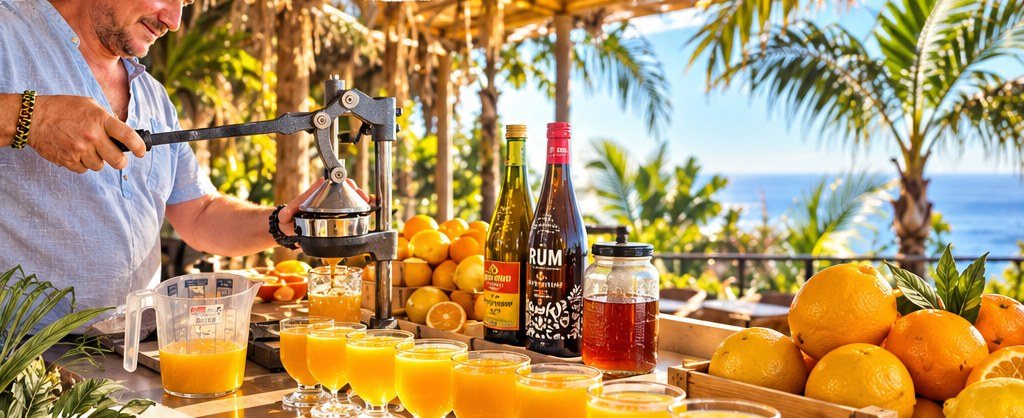Poncha being made with fresh fruit at the Tropical bar, with the sea behind